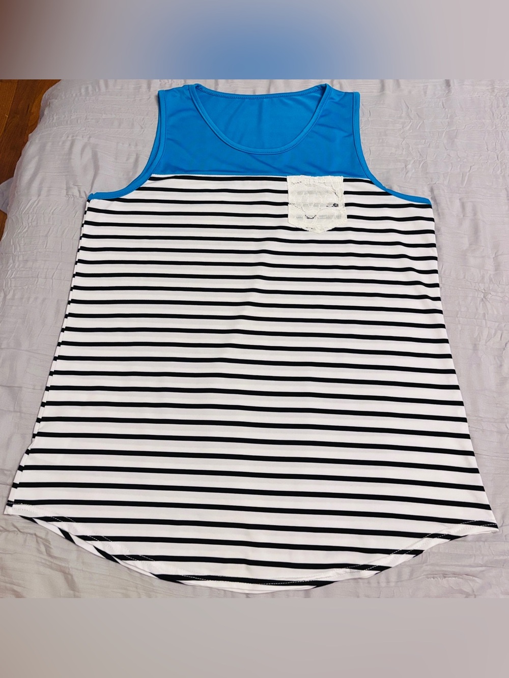 Blue & Black Striped Tank with Lace Pocket